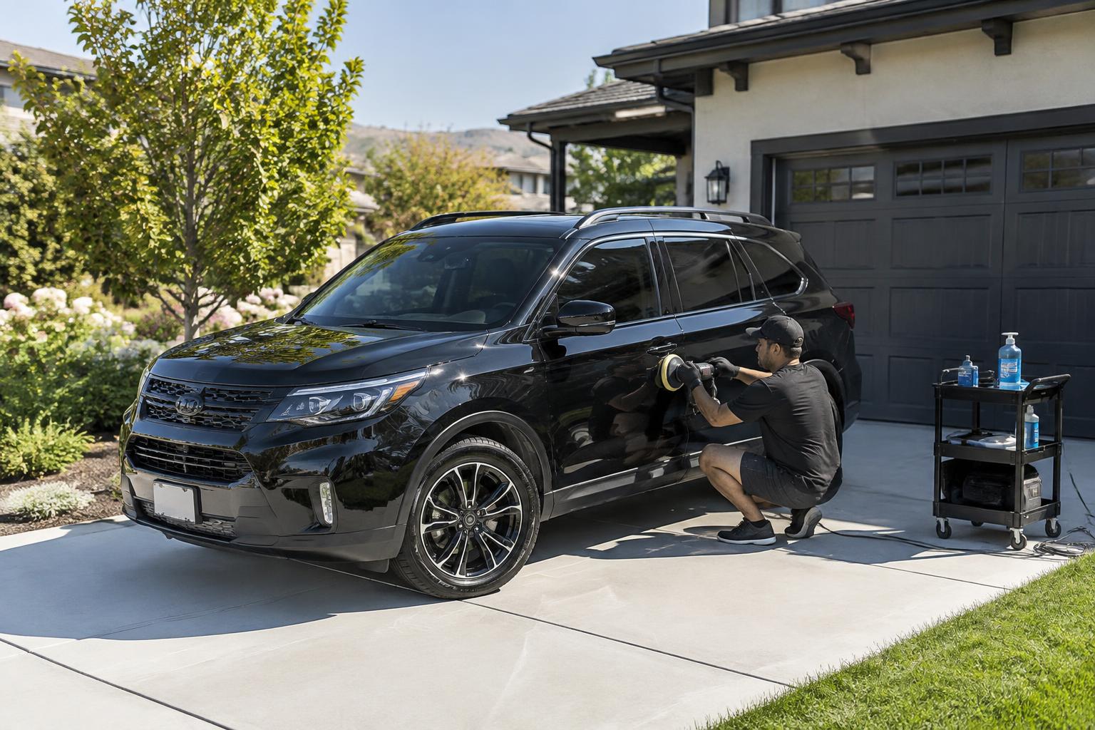 A detailer polishing a black SUV in a driveway