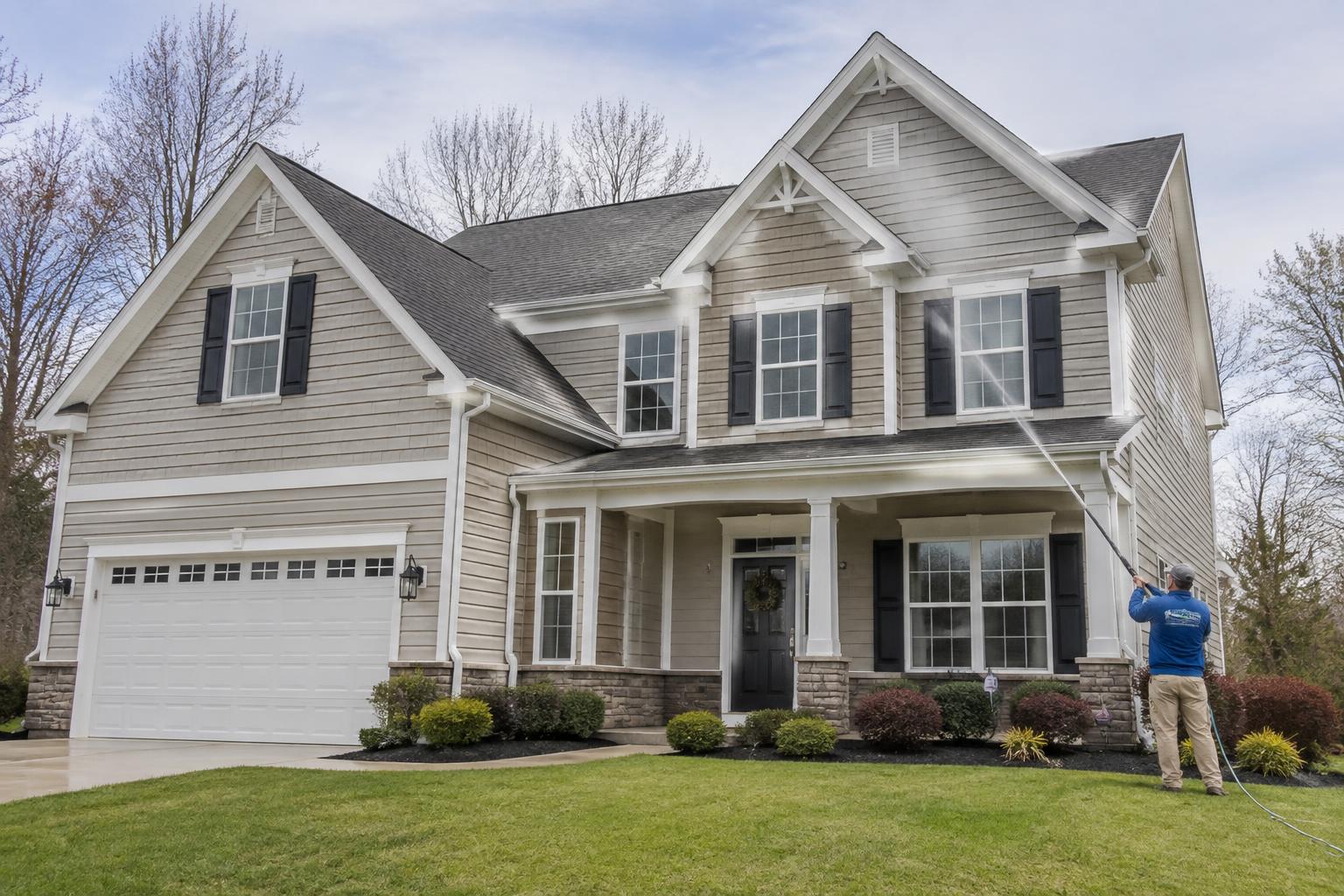 Clean siding and trim on a two-story home