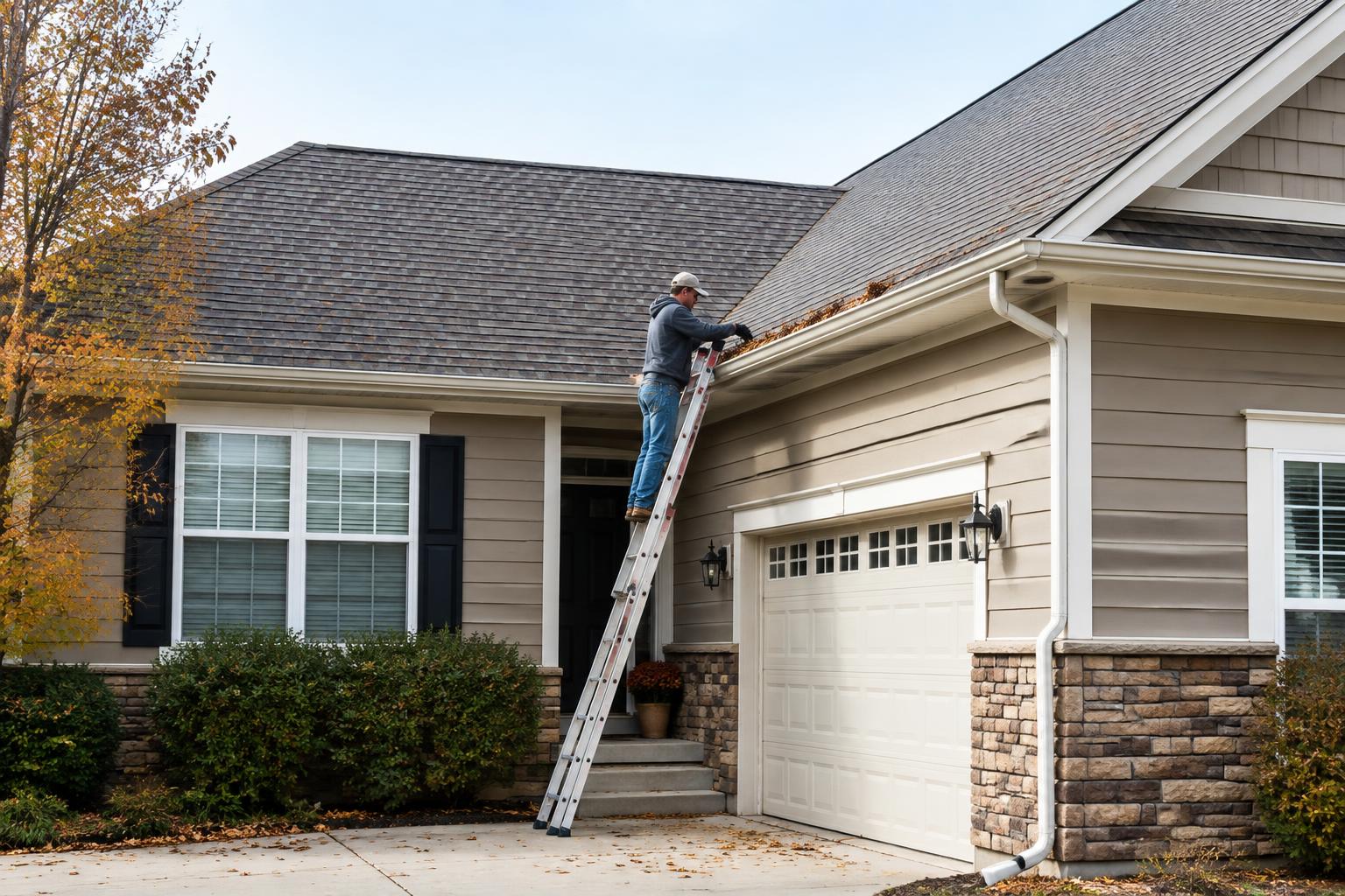 A worker clearing leaves from a home's gutters
